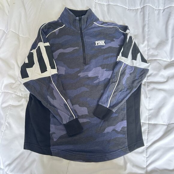VS Victorias Secret Pink Half Zip Pullover Sweater Jacket Navy Camo Womens XS - Picture 1 of 8